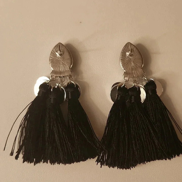 Vintage Black Jewel Stud Tassel Drop Earrings - Picture 3 of 3